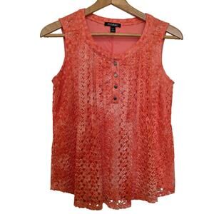 Roz & Ali Coral Orange Lace Sleeveless Blouse button up Flowy Lined Petite Small